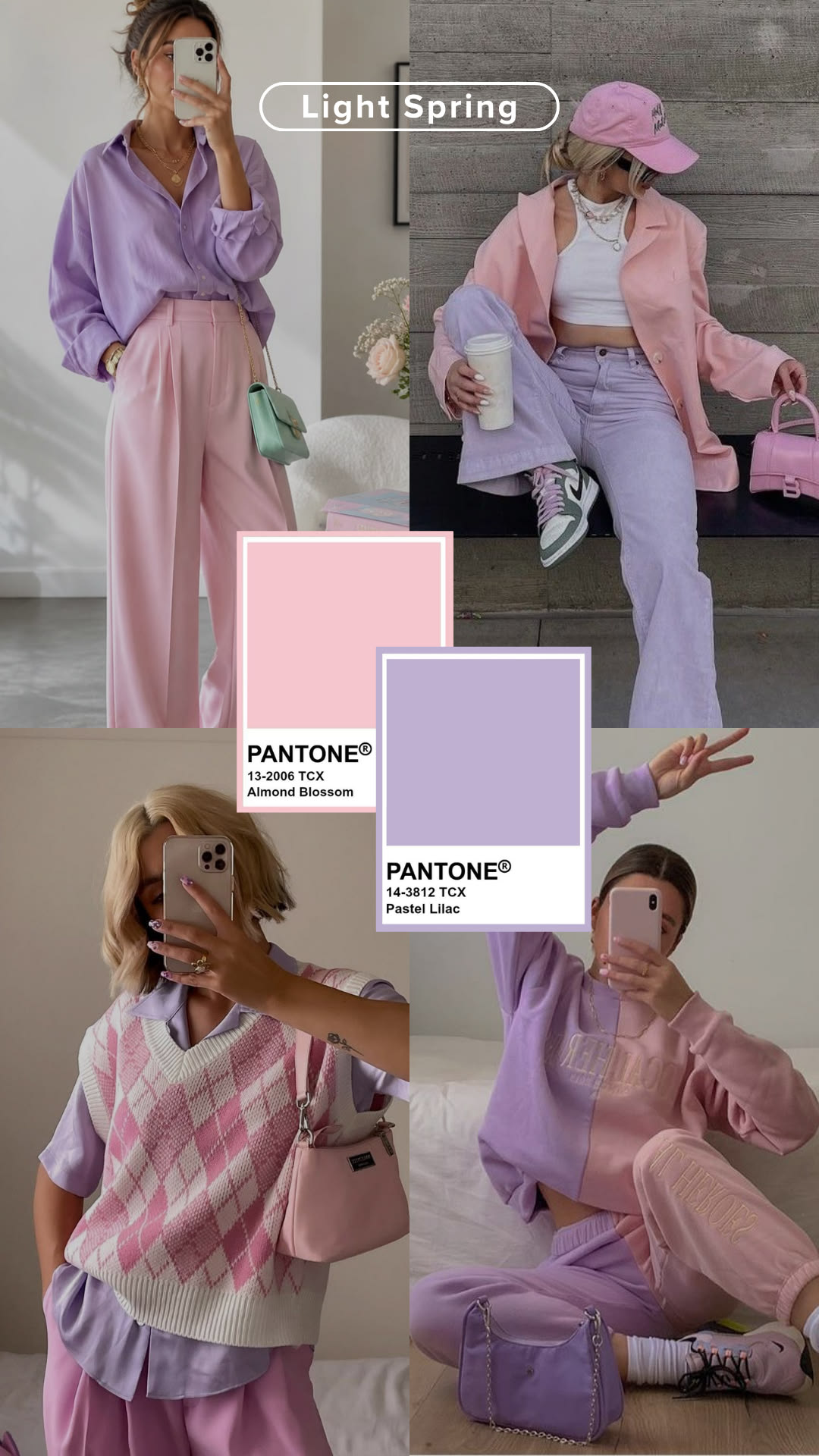 Light Spring outfit pairing almond blossom and pastel lilac pieces