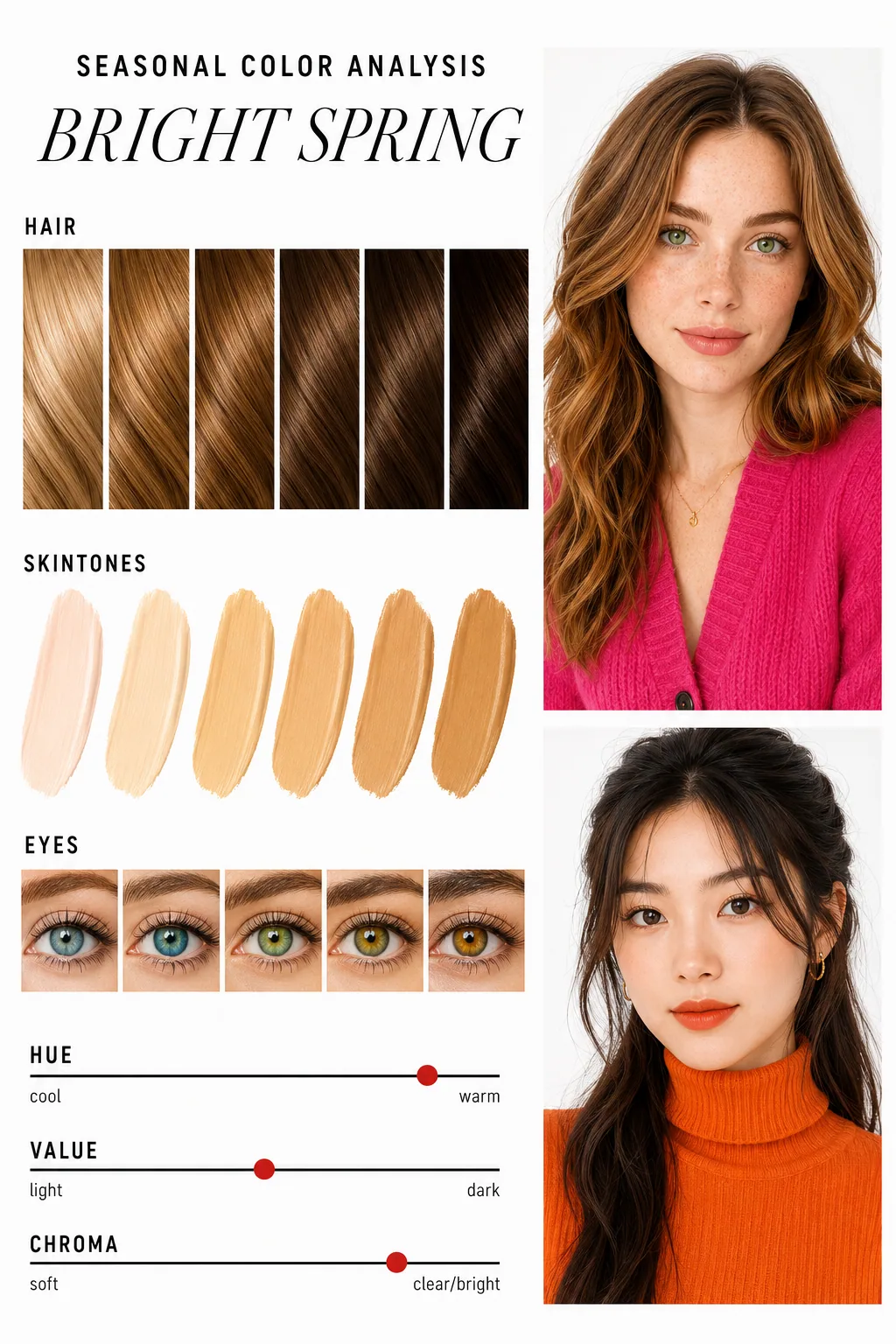 Woman with golden chestnut hair and bright green eyes wears coral red against warm ivory walls, light olive skin glowing.