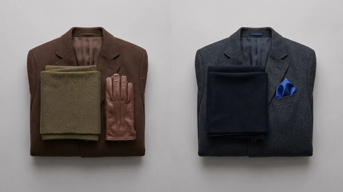 Overhead flatlay of a warm espresso-brown coat with olive scarf beside a cool charcoal coat with sapphire pocket square.