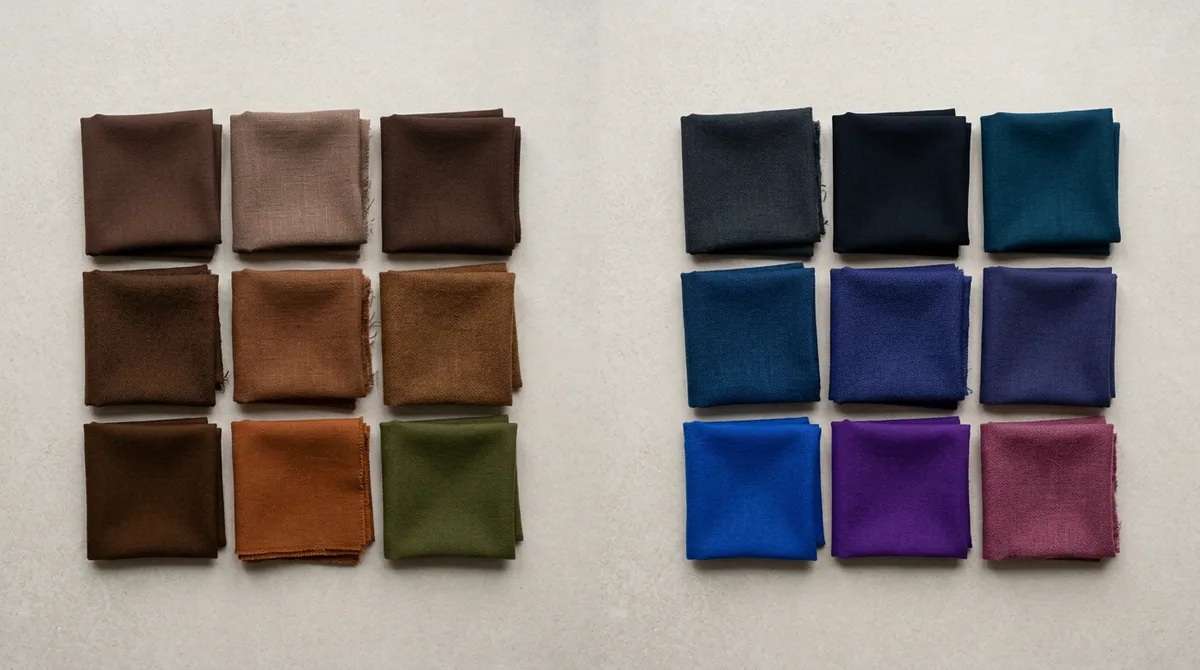 Chocolate-brown folded sweater with rust glove beside a charcoal sweater with sapphire scarf, split by camel and grey swatches.