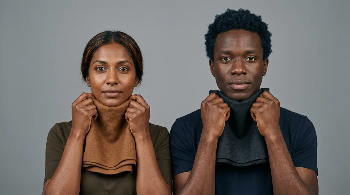 Two people hold fabric swatches under their chins: warm camel-brown on the left, cool charcoal on the right.