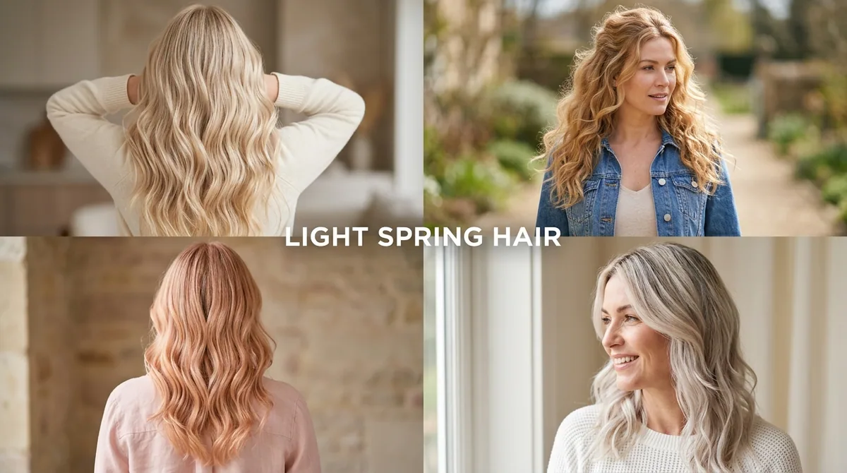 Four-panel grid titled "Light Spring Hair" showing pale golden blonde, honey-gold, peachy rose-gold, and ash platinum wavy hairstyles.