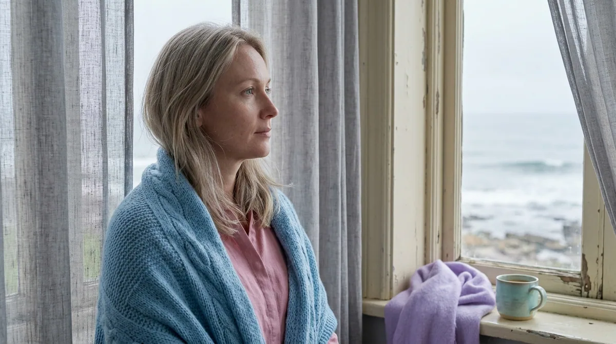 Fair-skinned woman with ash-blonde hair in powder blue knit and soft rose blouse, gazing out a window by a lavender scarf and pale aqua mug.