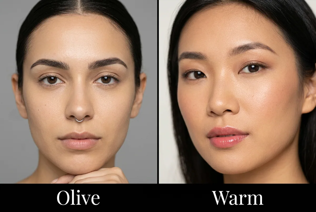 Close crop of olive skin in daylight, showing khaki-gold tones and soft sage undertones along the wrist, against an oatmeal-beige top.