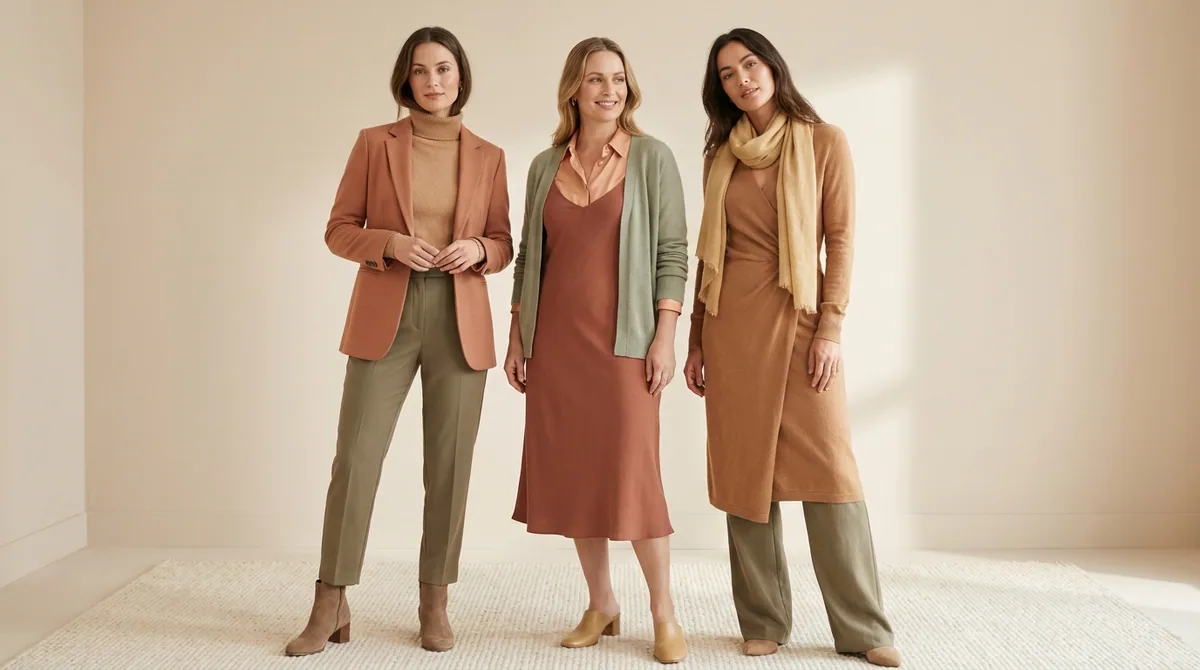 Three women model Soft Autumn outfits in camel, terracotta, olive, sage, and warm gold tones against a cream backdrop.