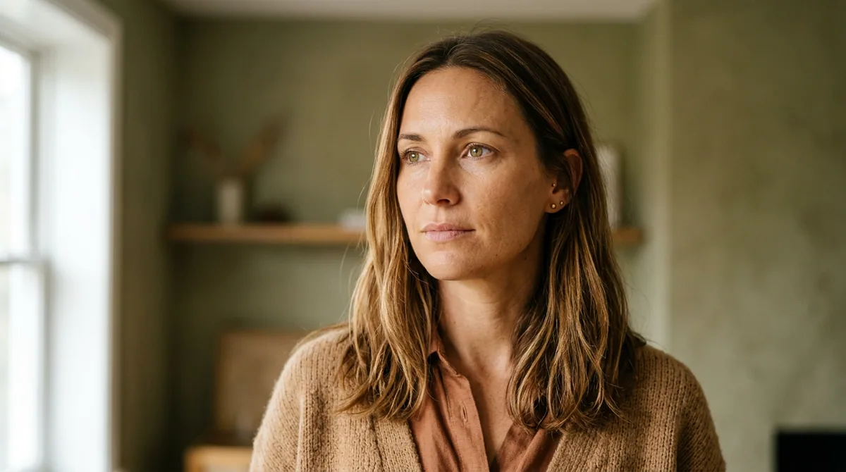 Woman with soft brown, caramel-highlighted hair in a camel sweater and rust blouse against muted olive-green walls.