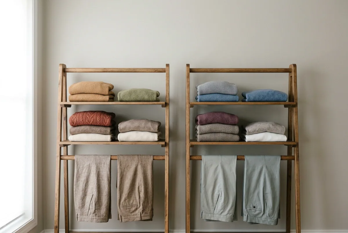 Two racks of folded sweaters and trousers: warm camel, olive, rust tones on left; cool gray, denim, plum tones on right.