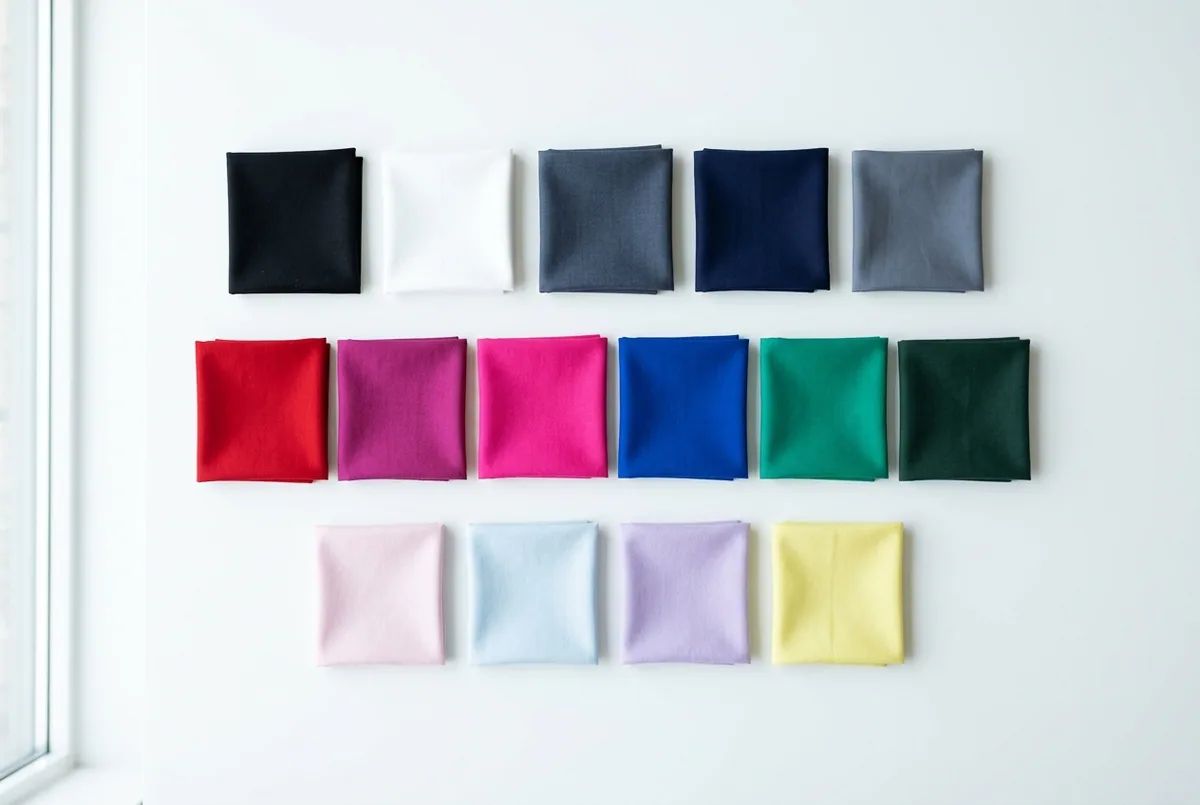 Fifteen True Winter fabric swatches in cool neutrals, bright red, magenta, cobalt, emerald, and icy pastels on white.