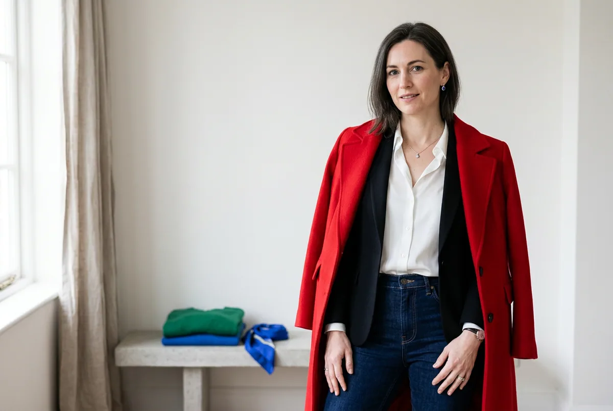 Woman in white shirt, black blazer, red coat and indigo jeans, beside an emerald knit and royal blue scarf.