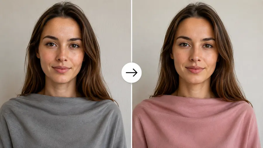 The same woman photographed twice: on the left in a grey top that dulls her skin, on the right in a rose top that brightens it