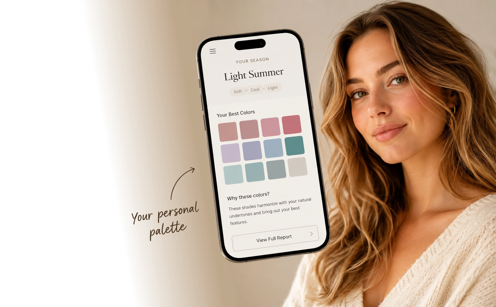 Woman holding a phone showing her Light Summer color palette in the My Color Seasons app