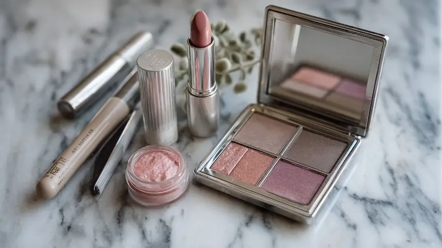 Flat lay of Soft Summer makeup products: dusty rose lip color, cool mauve blush, silver-toned highlighter, matte taupe eyeshadow palette, arranged on a marble surface
